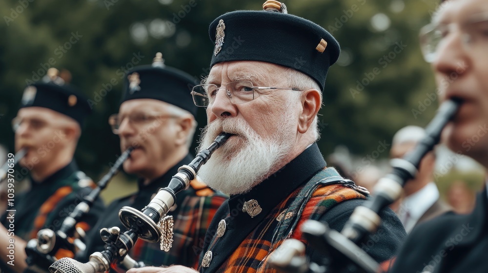 Scottish Pipers in Traditional Attire Playing Music Scottish Pipers in Traditional Attire Playing Music