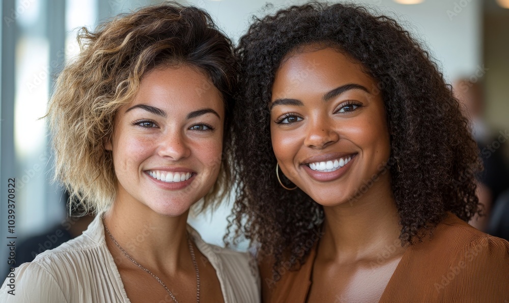 Two women with different skin tones smiling at the camera, Generative AI Two women with different skin tones smiling at the camera, Generative AI