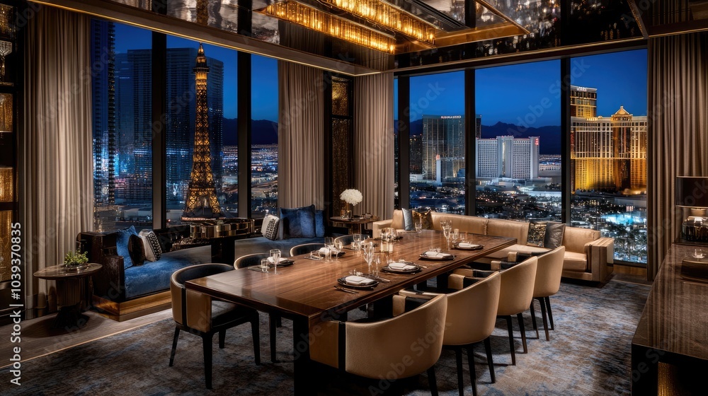 Obraz premium Elegant Dining Room with Night View of Las Vegas