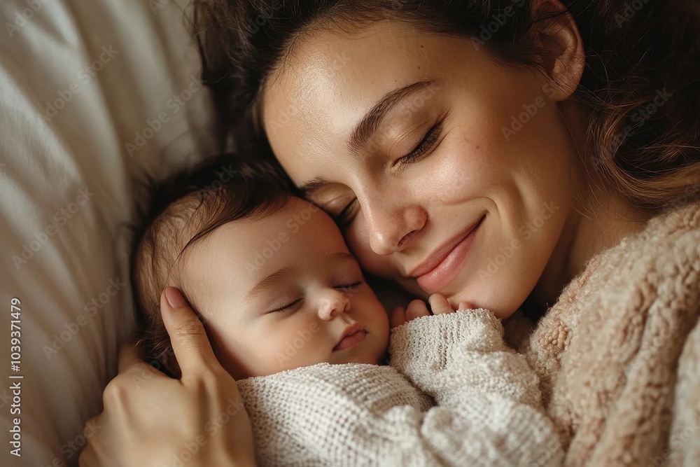 High angle view of a new mom caring for her baby, Generative AI High angle view of a new mom caring for her baby, Generative AI