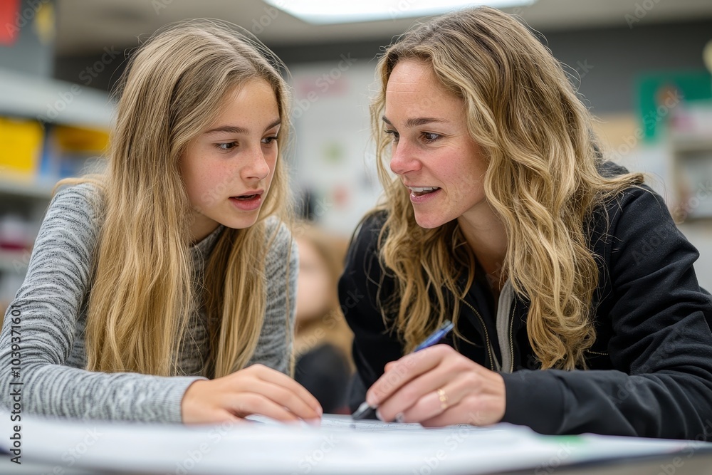 Teacher assisting a student in the classroom, Generative AI Teacher assisting a student in the classroom, Generative AI