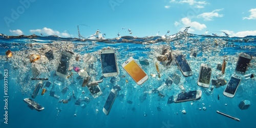 Discarded phones float in the ocean