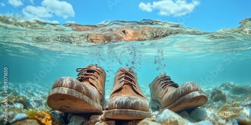 Half of screen is transparent water full with old man shoes and the other half is clear blue sky