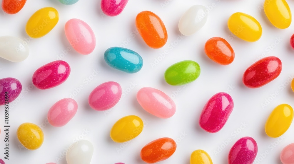 Vibrant flat lay image of a assortment of colorful jelly beans scattered across a plain white background showcasing the vivid pastel tones and deep depth of field in a minimal Vibrant flat lay image of a assortment of colorful jelly beans scattered across a plain white background showcasing the vivid pastel tones and deep depth of field in a minimal