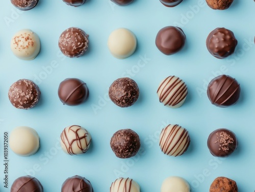 Top view of various chocolate truffles including dark milk and white varieties meticulously arranged in an composition on a pastel blue background with a clean minimal and deep depth of field effect