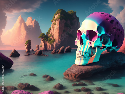 giant colorful skull in seascape