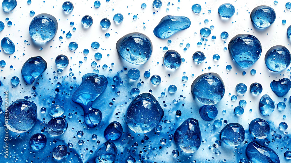 Sparkling droplets cascade over a textured blue surface in soft light Sparkling droplets cascade over a textured blue surface in soft light