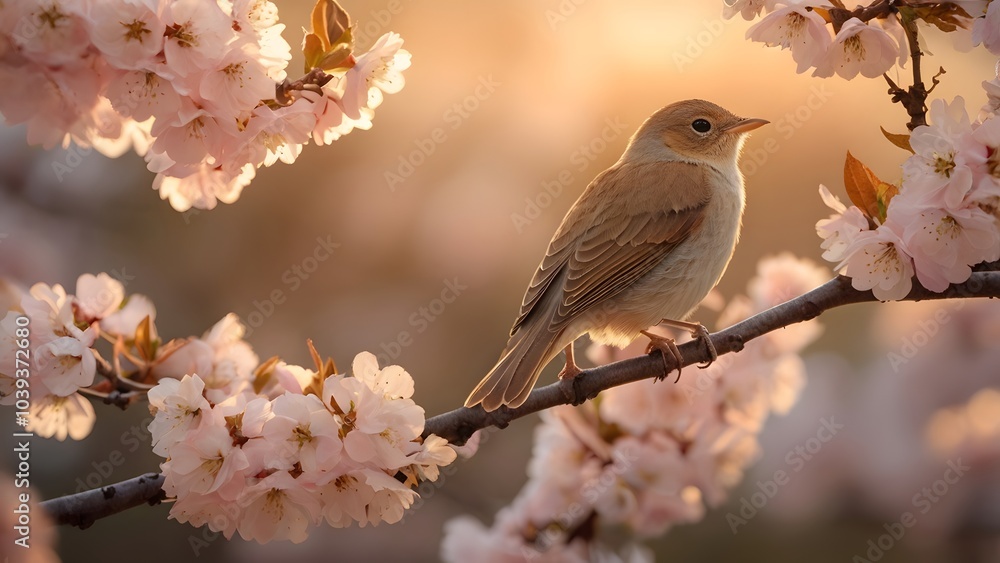Songbird on Cherry Blossom Branch at Sunset Songbird on Cherry Blossom Branch at Sunset