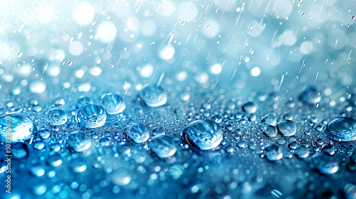 Droplets of water create a serene pattern on a blue surface during a gentle rain shower