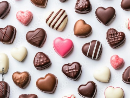 Closeup Editorial View of Assorted Chocolate Candies Heart Shaped Sweets and Confections Spread on a Soft White Background in a Flat Lay Design with Varied Textures and Patterns