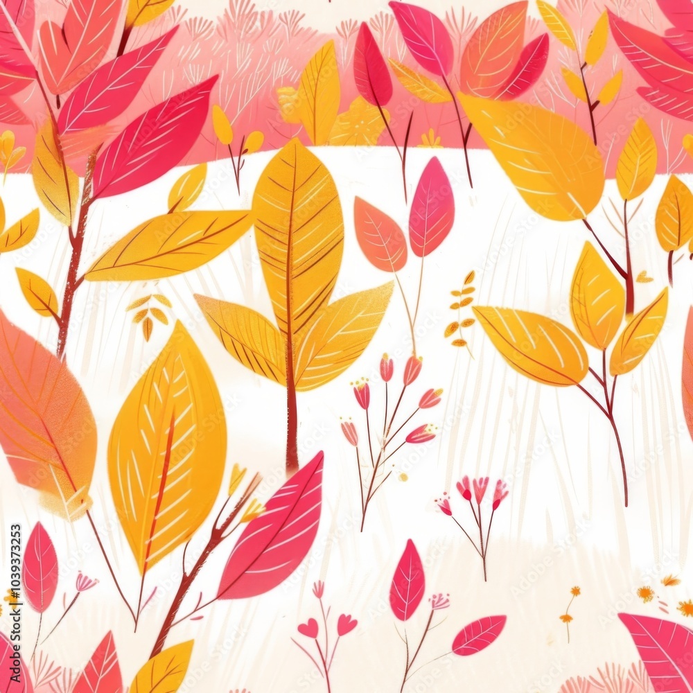 Delicate Horizontal Seamless Pattern with Pink and Yellow Leaves, Thin Branches with Berries, Autumn Texture on White Background Delicate Horizontal Seamless Pattern with Pink and Yellow Leaves, Thin Branches with Berries, Autumn Texture on White Background