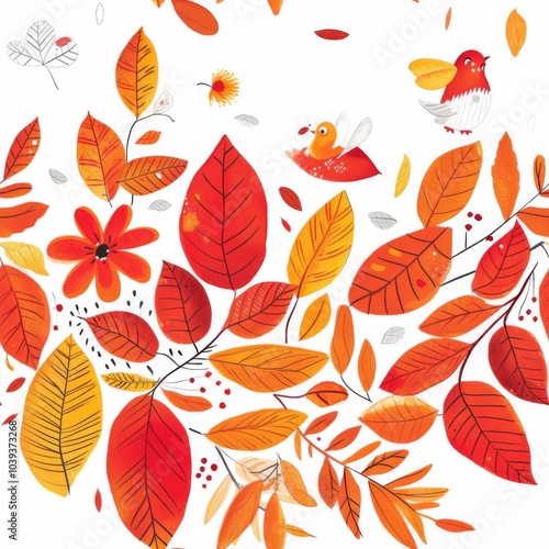 Colorful autumn leaves and flowers seamless pattern on white background..