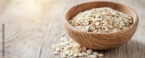 Bowl of oats on a wooden table, healthy whole grain breakfast option.