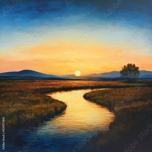 Sunset over tranquil landscape