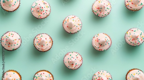 Overhead view of delectable cupcakes with soft pastel colored frosting and vibrant sprinkles arranged on a light green background  This clean