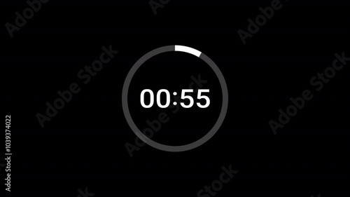 One minute countdown timer animation from 60 seconds to 0 seconds with alpha channel , 1 minute countdown timer on a transparent background.