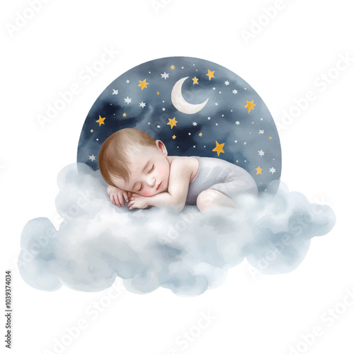 Cute baby shower watercolour with sleeping newborn on cloud. For baby boy