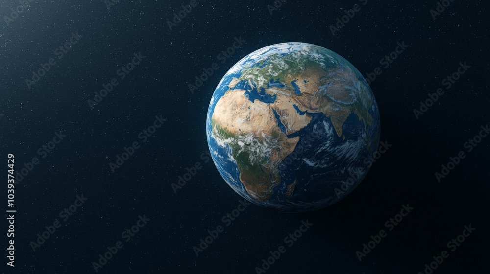 Fototapeta premium A stunning view of Earth from space, showcasing its vibrant continents and swirling clouds against a dark, starry backdrop.