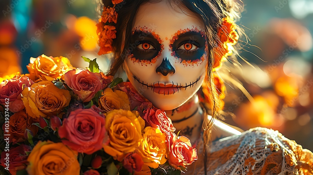 a person with face paint and flowers
a person with face paint and flowers