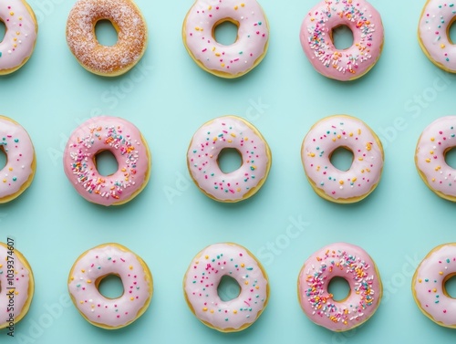 Whole view of donuts with pastel colored sprinkles on a light pastel blue background top view design with deep depth of field