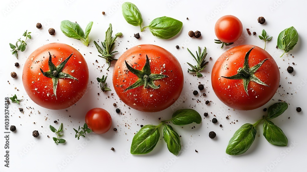 fresh tomato, herbs and spices isolated on white background, top view.