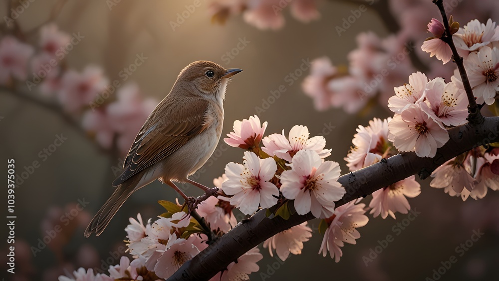 Fototapeta premium Bird with Delicate Pink Blossoms
