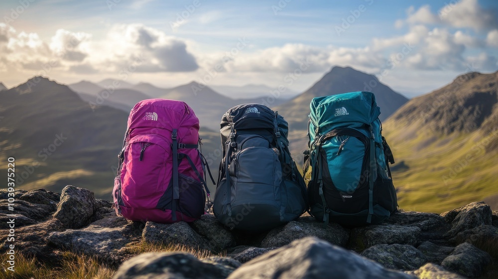 Fototapeta premium Three colorful backpacks on a rocky ledge with a scenic mountain backdrop.