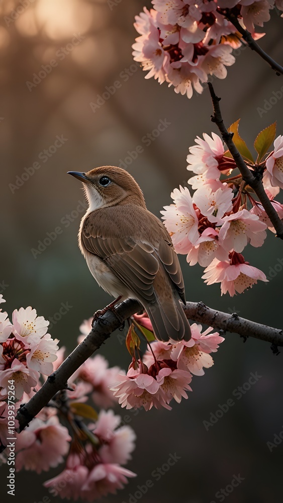 Blooming Cherry Blossoms and Perched Bird Blooming Cherry Blossoms and Perched Bird
