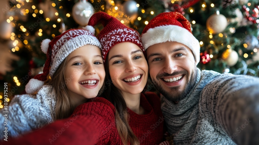 Happy Family Holiday Selfie by Christmas Tree Happy Family Holiday Selfie by Christmas Tree