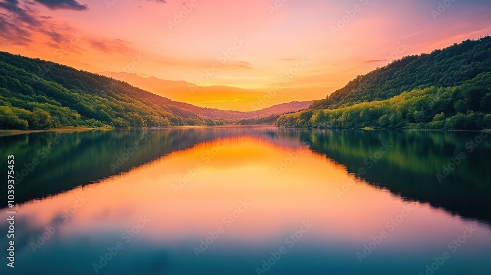 Serene sunset over a calm lake, reflecting vibrant colors and surrounding hills. Serene sunset over a calm lake, reflecting vibrant colors and surrounding hills.