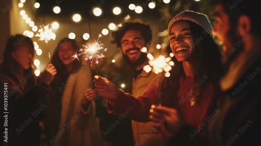 Friends Gathering Outdoors at Night with Sparklers Friends Gathering Outdoors at Night with Sparklers