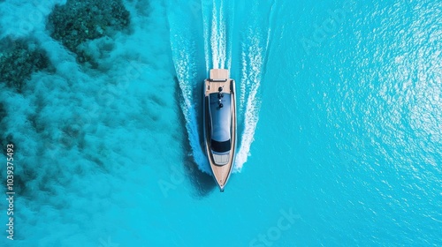 Luxury yacht cruising through crystal clear turquoise waters.