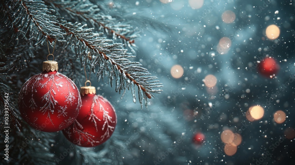 Obraz premium A close-up of festive red ornaments hanging on a snowy evergreen branch, creating a cozy holiday atmosphere with soft bokeh lights in the background.