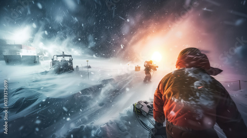 Captivating Snowstorm at Antarctic Research Base Intense Atmosphere and Sharp Focus on Researchers