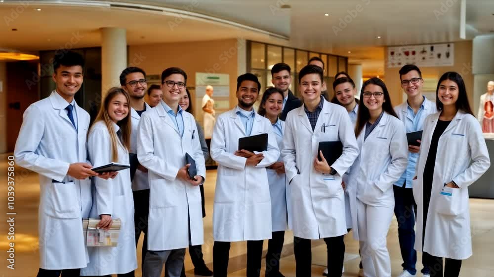 Group of young medical students in lab coats smiling in university hall Group of young medical students in lab coats smiling in university hall