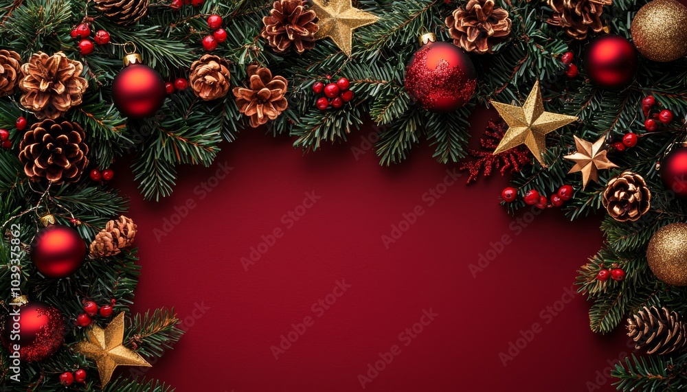 A festive wreath with red ornaments, gold stars, pinecones, and greenery, set against a deep red background, perfect for holiday decoration. A festive wreath with red ornaments, gold stars, pinecones, and greenery, set against a deep red background, perfect for holiday decoration.