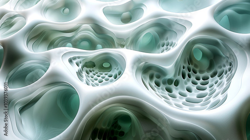 Intricate organic patterns in soft white and teal formed by fluid dynamics