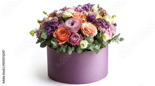  purple round hat box of different flowers arrangement of white Orchid, red Carnation, green Chrysanthemum, isolated on white background