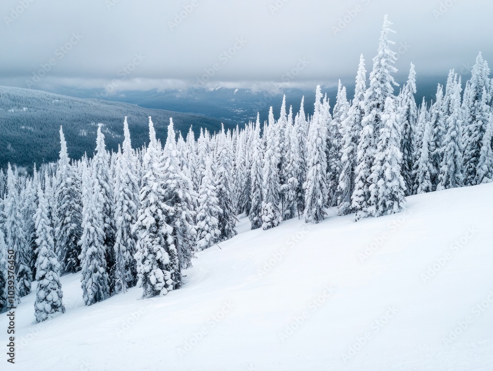 Fototapeta premium Serene Winter Landscape Featuring Snow-Covered Trees and Mountains Under a Cloudy Sky