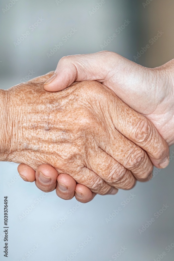 Fototapeta premium Compassionate Connection Elderly and Caregiver Handshake in Soft Light