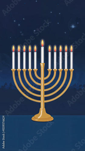 elegant Hanukkah menorah with glowing candles stands against serene night sky, symbolizing light and celebration during festival