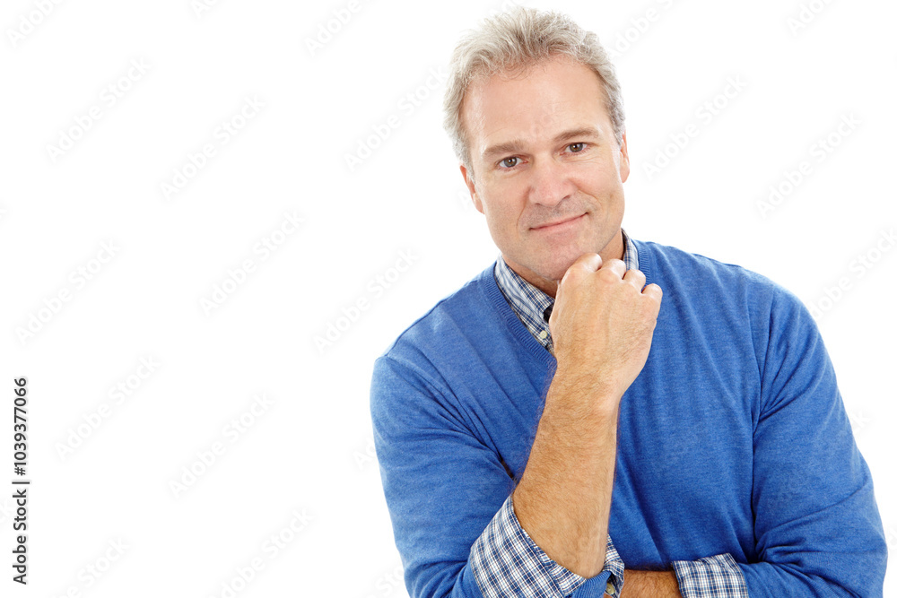 Mature man, portrait and thinking with planning, ideas and mockup space for project management company. Male person. pride and happy as account executive for business or corporate on white background Mature man, portrait and thinking with planning, ideas and mockup space for project management company. Male person. pride and happy as account executive for business or corporate on white background