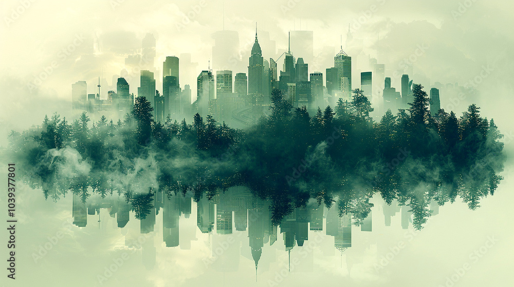 Fototapeta premium A misty skyline blends with a lush forest at dawn, creating a surreal urban panorama