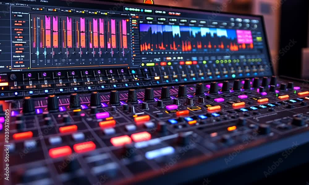 A digital audio mixer with colorful visual displays and controls. A digital audio mixer with colorful visual displays and controls.