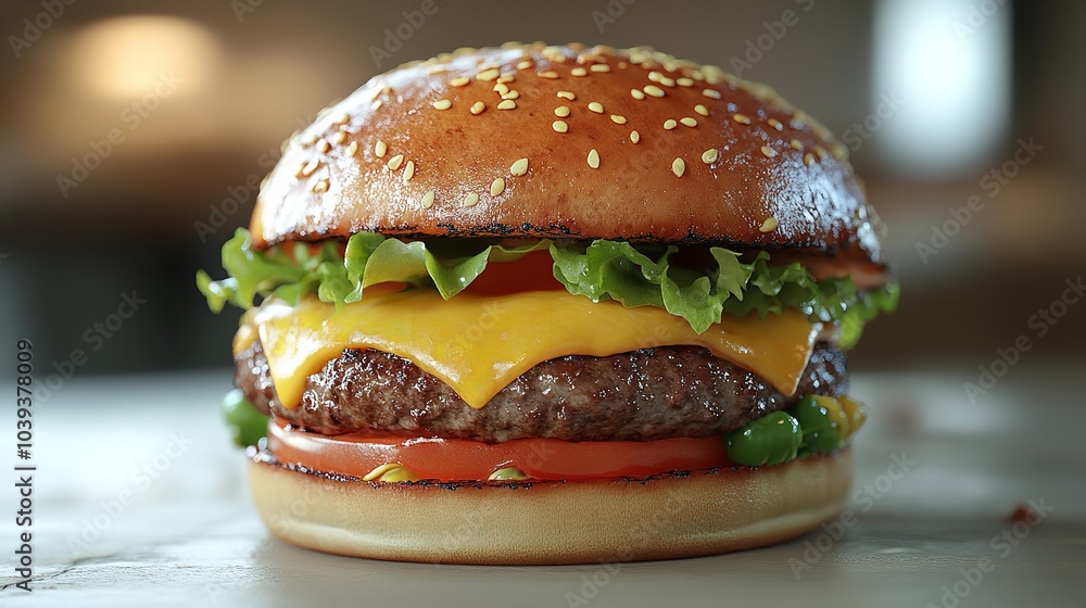 A fast food staple, the hamburger features lettuce, tomato, and cheese on a bun A fast food staple, the hamburger features lettuce, tomato, and cheese on a bun