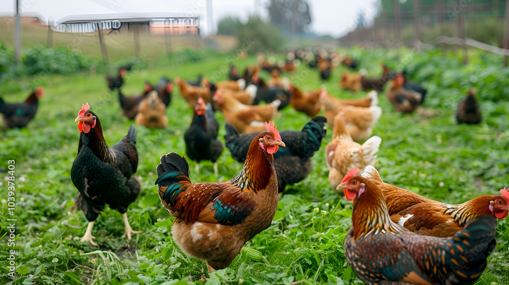 Fototapeta premium Hens feeding outside in the grass yard