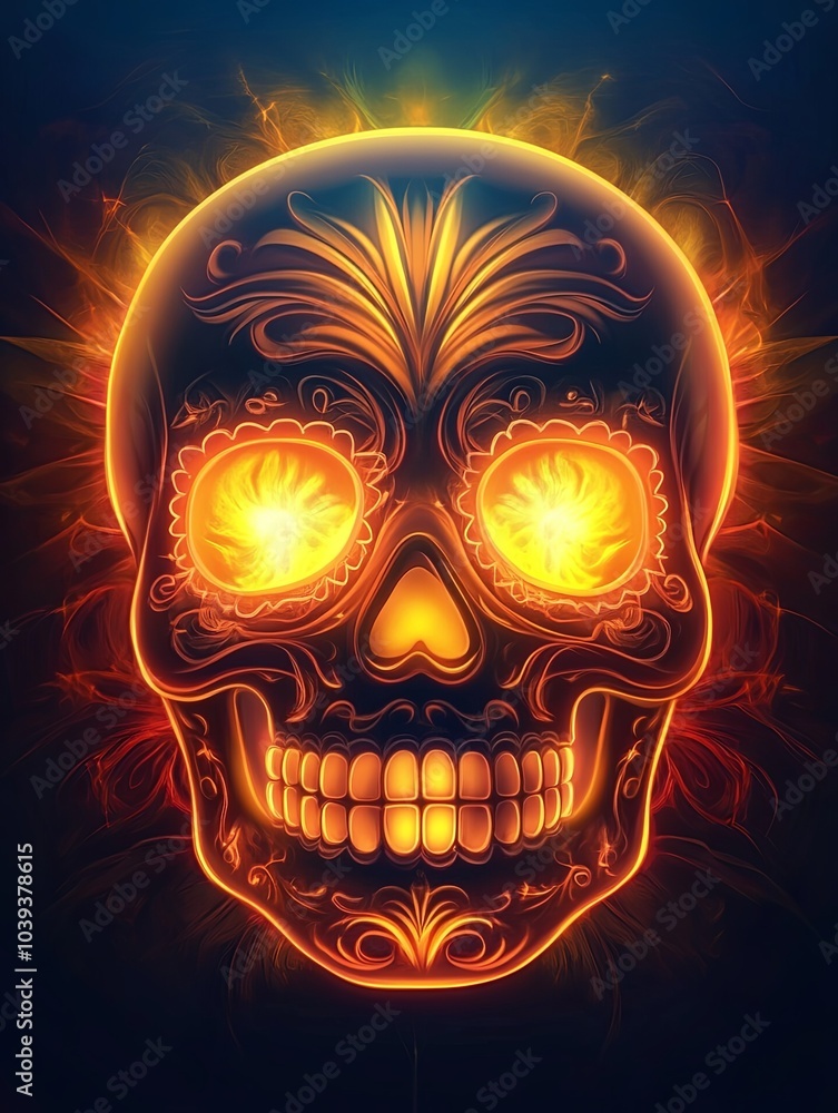 Vibrant glowing skull with intricate designs and fiery eyes Vibrant glowing skull with intricate designs and fiery eyes