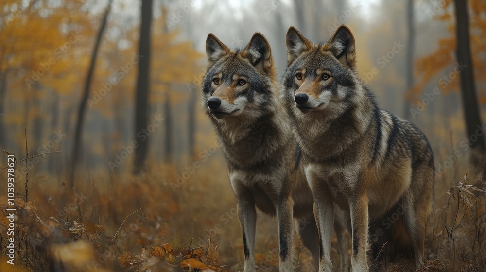 Two wolves standing in a forest during autumn with golden foliage. Two wolves standing in a forest during autumn with golden foliage.