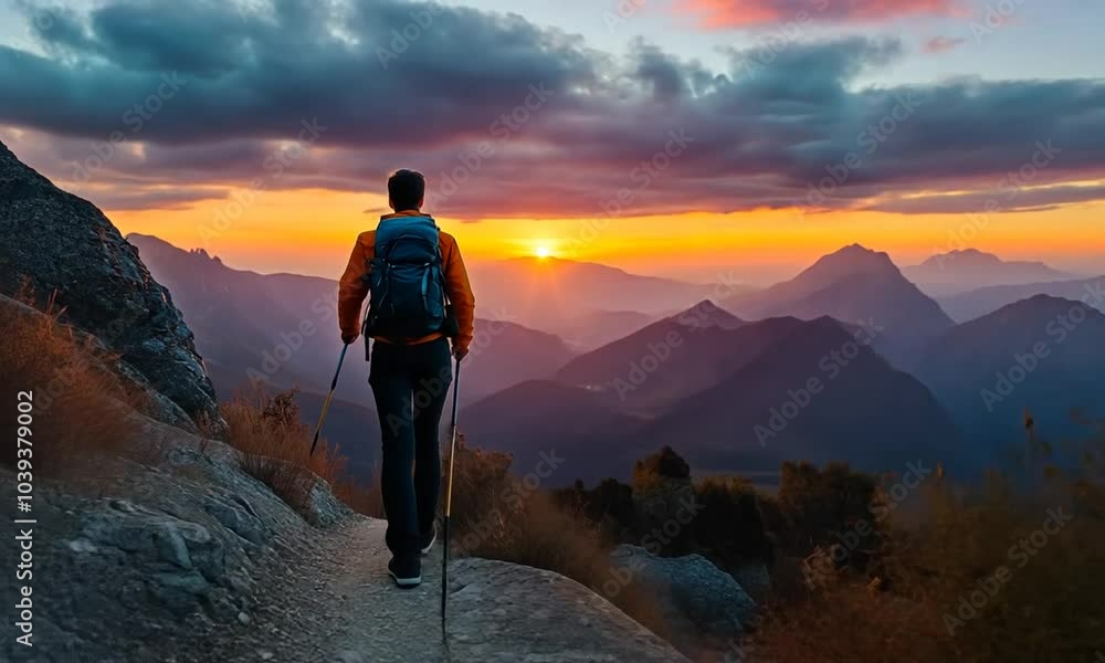 Hiker enjoying a sunset view over mountainous terrain. Hiker enjoying a sunset view over mountainous terrain.