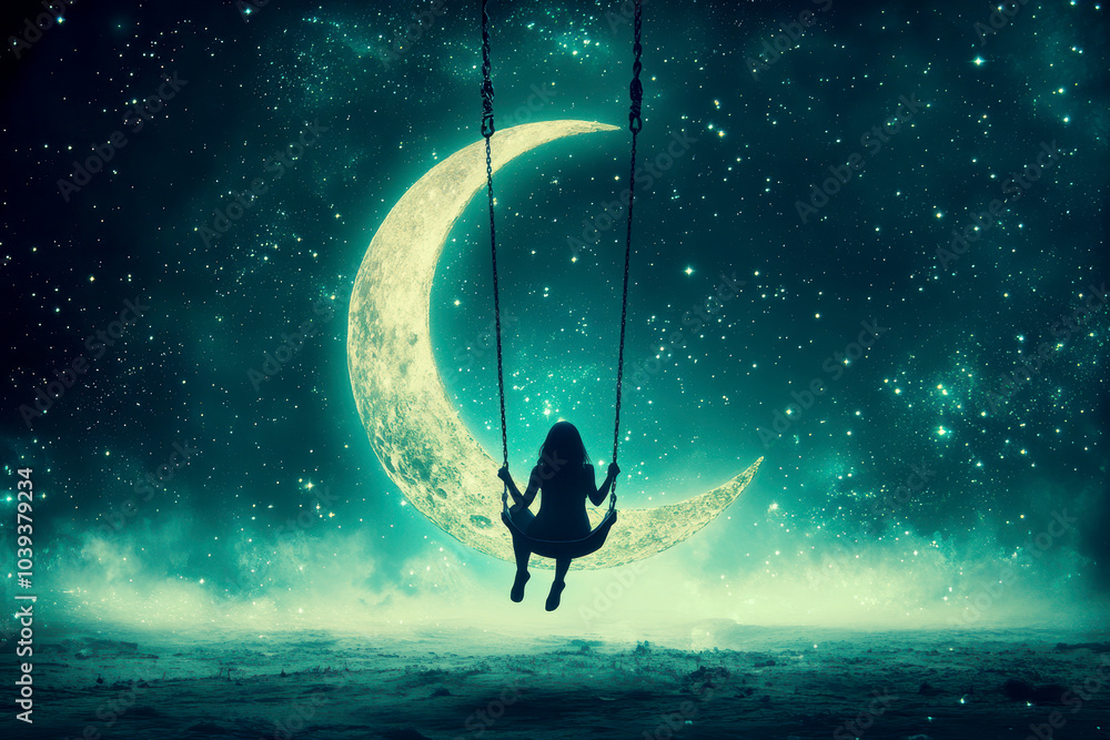 Sitting and hustling on the Crescent Moon girl, in the background the night sky full of stars. AI generative. Sitting and hustling on the Crescent Moon girl, in the background the night sky full of stars. AI generative.